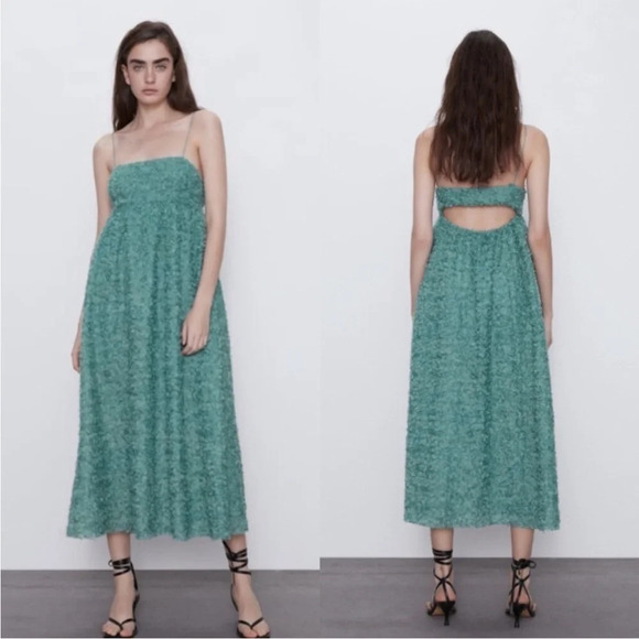ZARA Textured Weave Sea Foam Green Floral Spaghetti Strap Summer Midi Dress - Picture 1 of 10